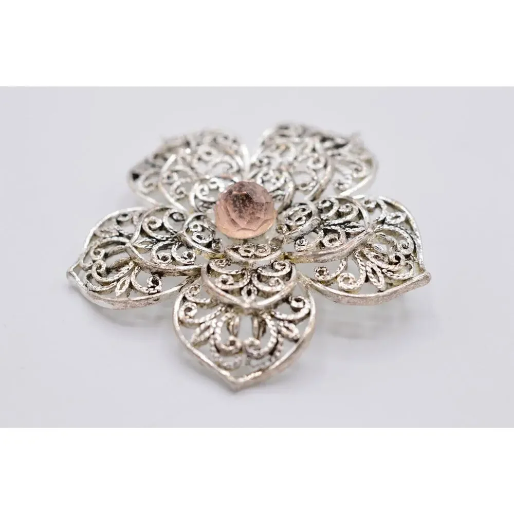 Monet Vintage Pin Brooch Silver Filigree Pink Crystal Flower Shiny Signed Bin5B